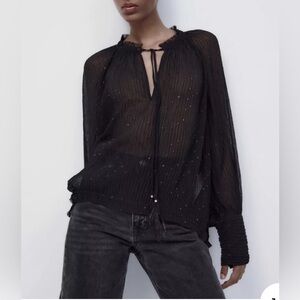 ZARA Black PLEATED SWISS DOT BLOUSE